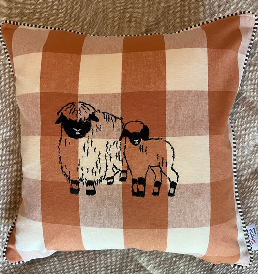 Blacknose sheep cushion cover, two sheep, orange/white