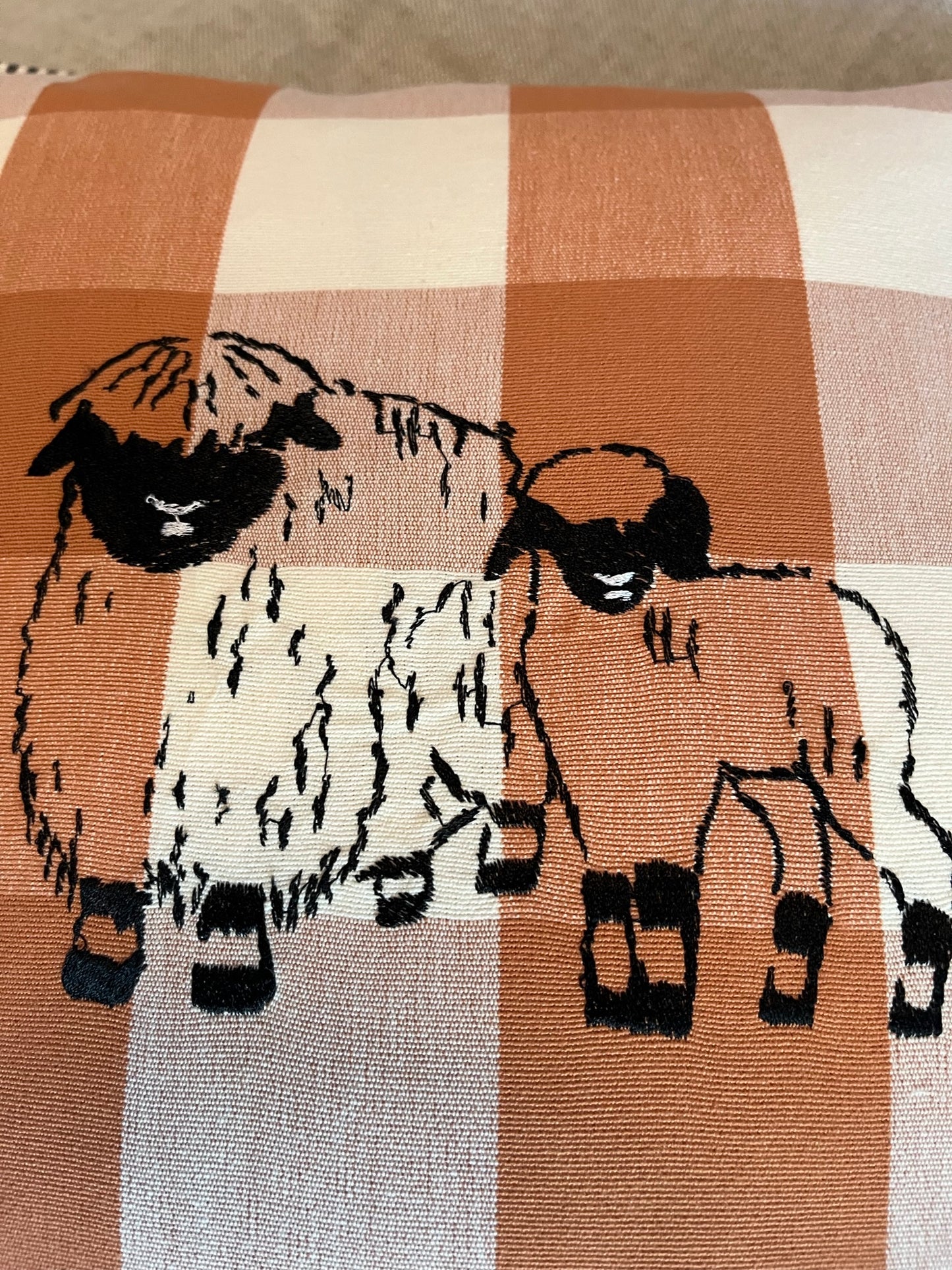 Blacknose sheep cushion cover, two sheep, orange/white
