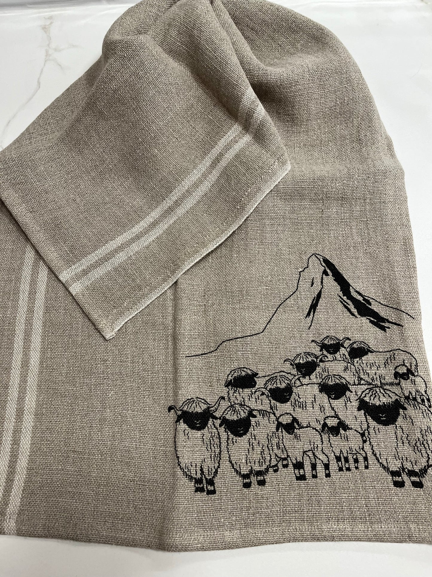 Blacknose sheep dish towel, white w/black stripes