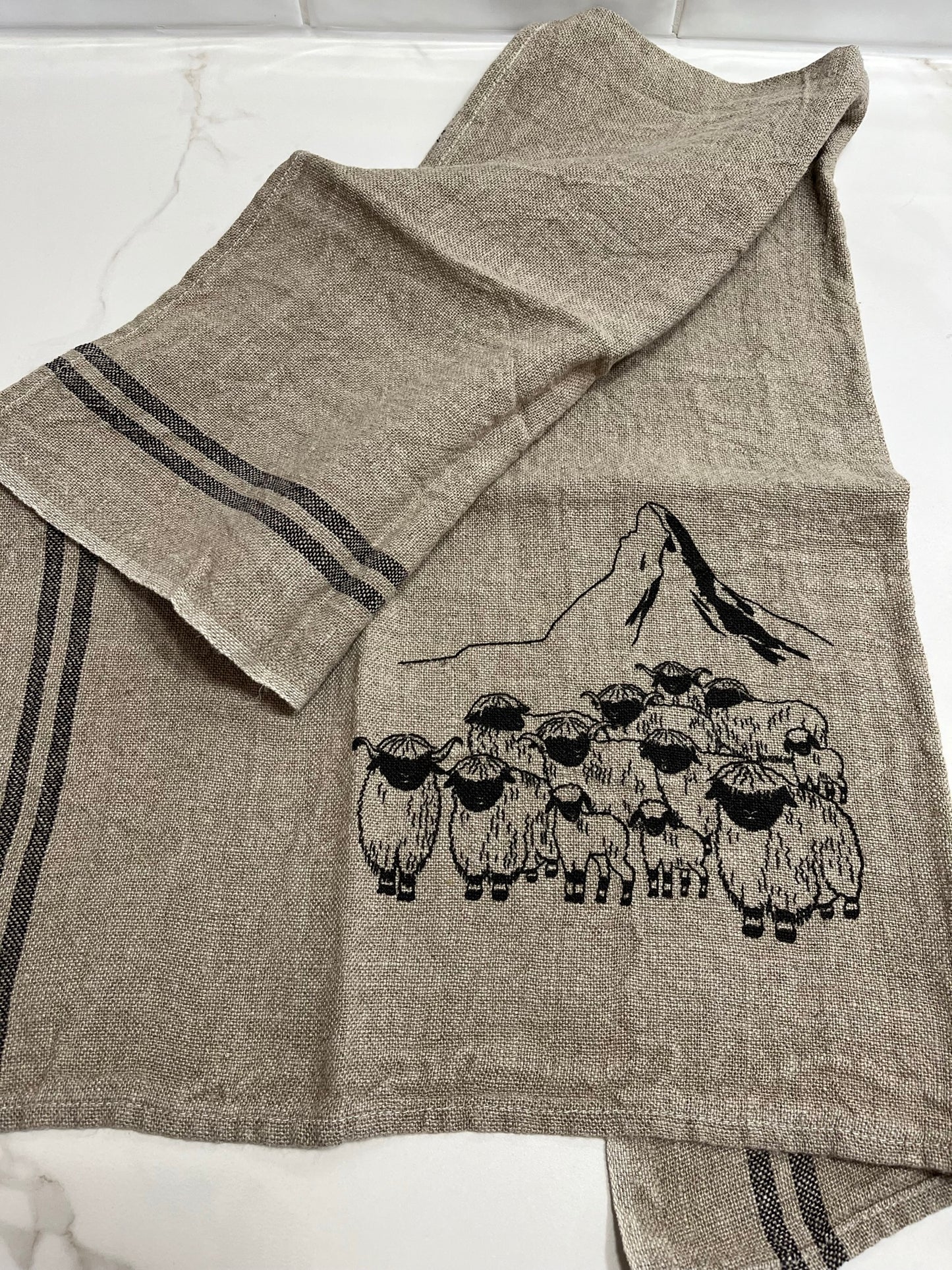 Blacknose sheep dish towel, linen w/black stripes