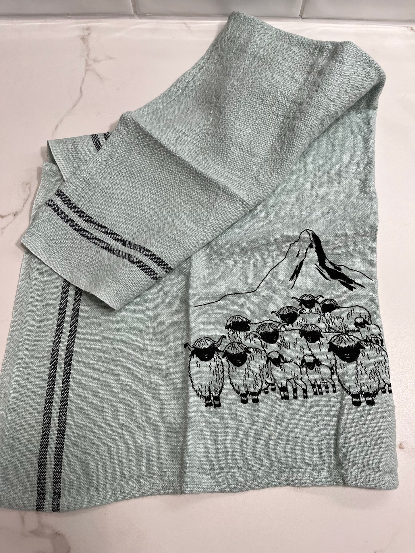 Blacknose sheep dish towel, mint w/black stripes
