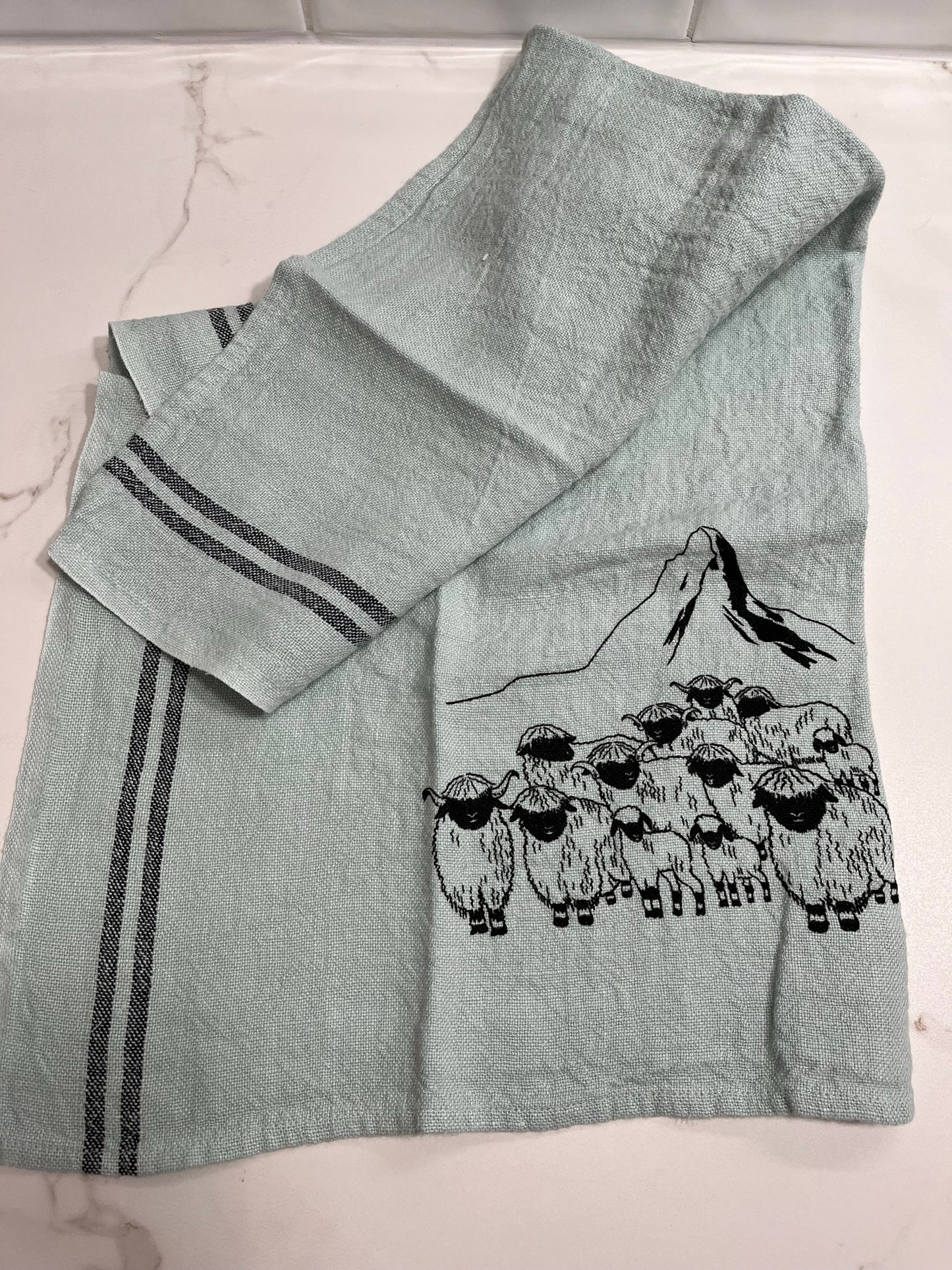 Blacknose sheep dish towel, white w/black stripes