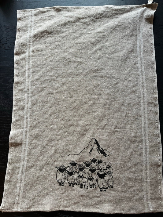 Blacknose sheep dish towel, linen w/white stripes