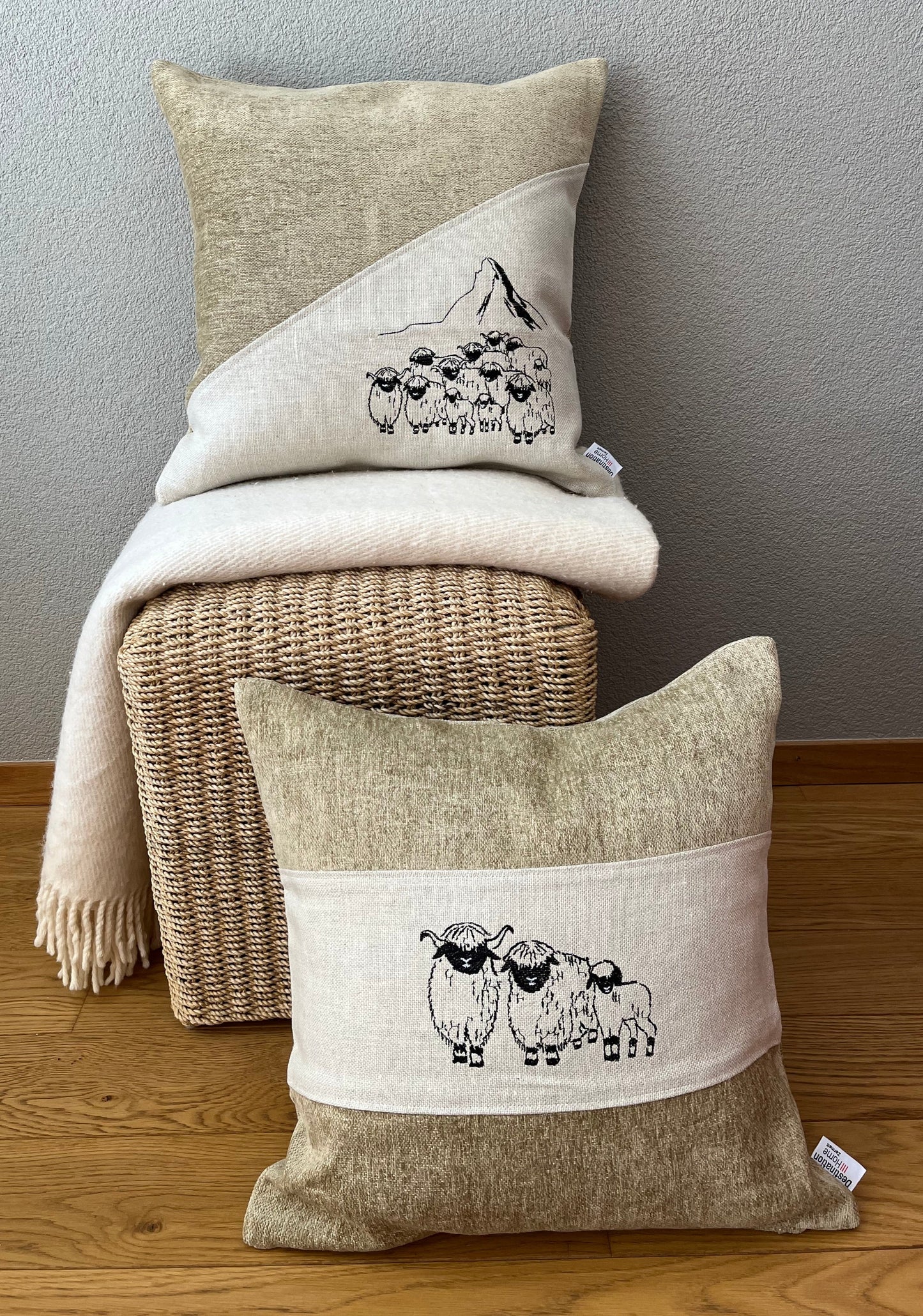 Blacknose Sheep cushion cover, three sheep, beige