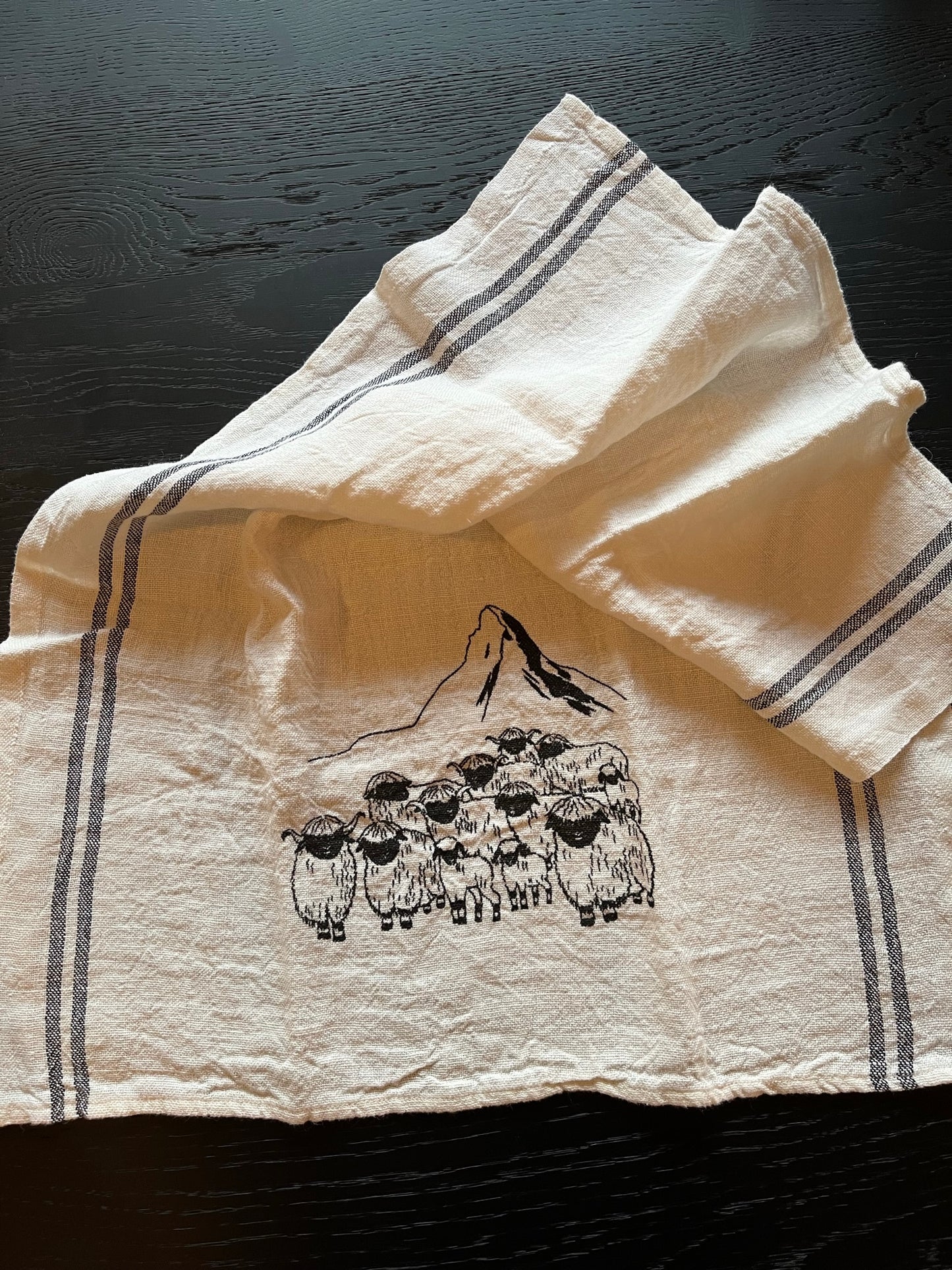 Blacknose sheep dish towel, linen w/white stripes