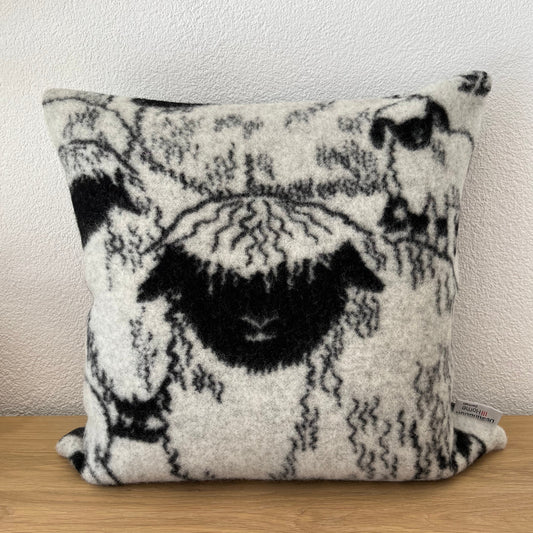 Blacknose sheep wool cushion cover, large sheep with young, beige backing