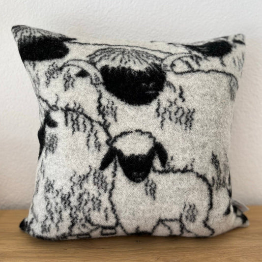 Blacknose sheep wool cushion cover, young sheep with mum, beige backing