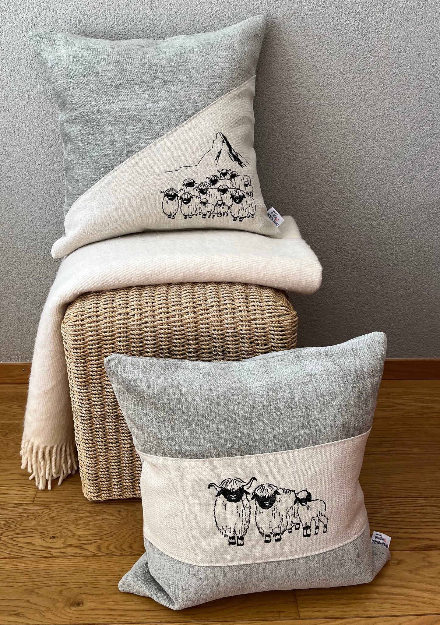 Blacknose Sheep cushion cover, three sheep, grey