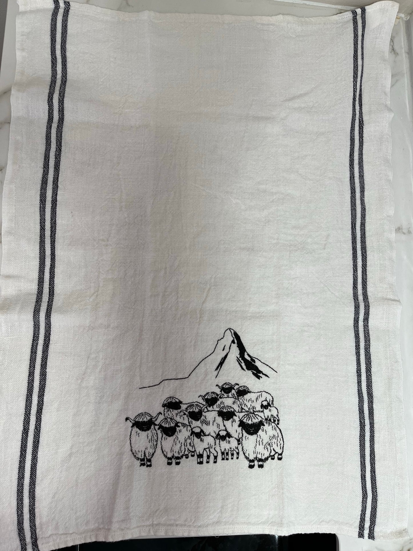 Blacknose sheep dish towel, white w/black stripes